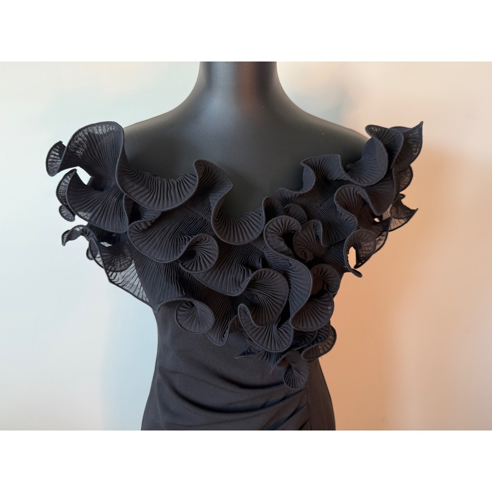 Xscape Womens 6 Black Pleated Ruffle Neck Gown Ruched Maxi Dress Formal Slit - Picture 13 of 16